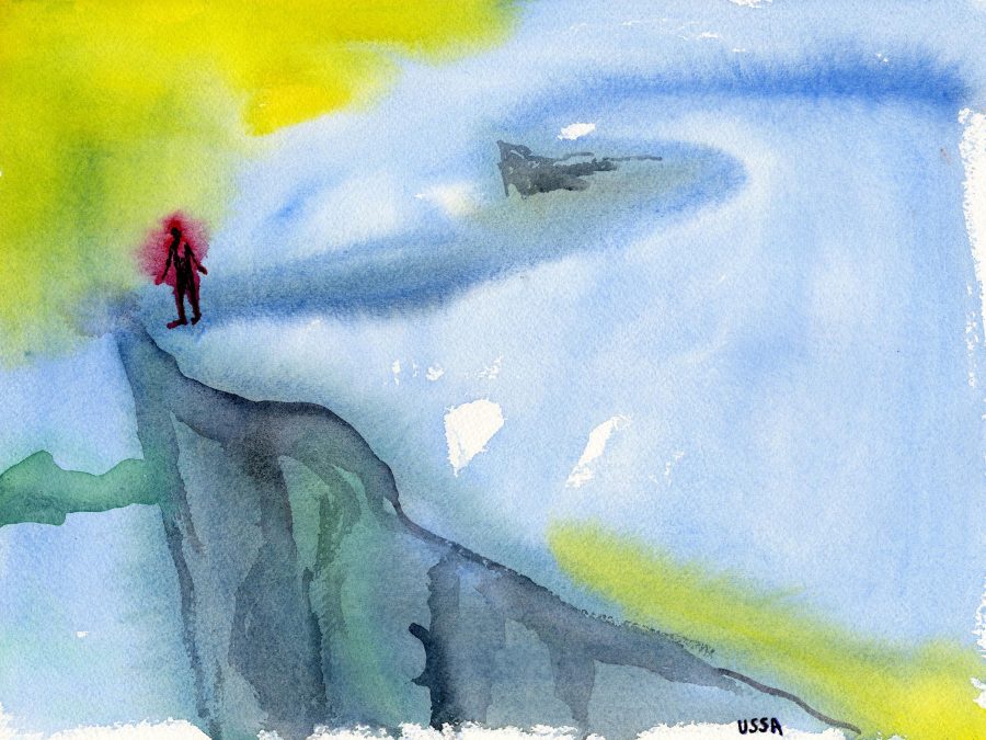 Simplistic watercolor of a person standing at the edge of a cliff
