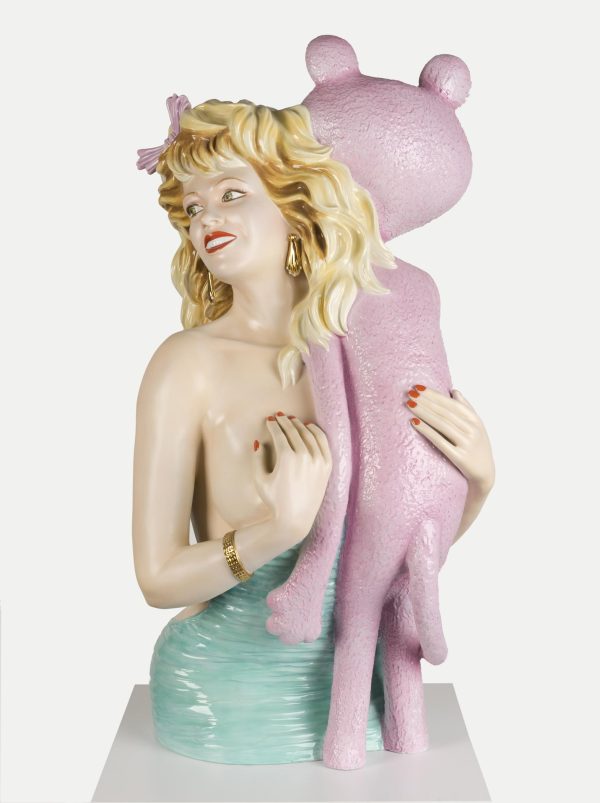 Sculpture of a blonde, topless woman covering her right breast with her hand and hugging the Pink Panther with her left