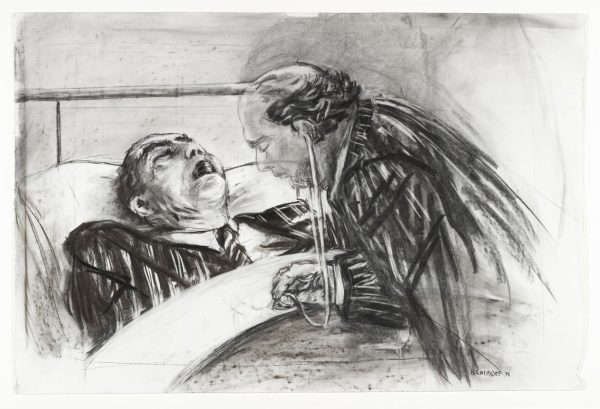 Rough drawing of a doctor wearing a stethoscope leaning over a man in a suit coat in bed