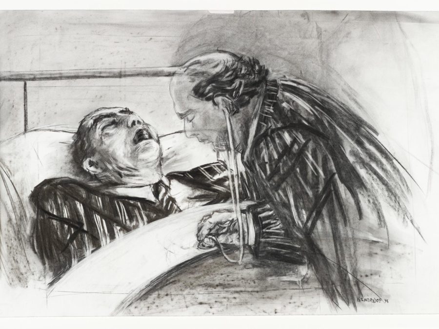 Rough drawing of a doctor wearing a stethoscope leaning over a man in a suit coat in bed