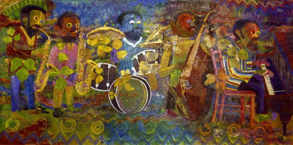 In this multicolored painting, a quintet plays two saxophones, a drum kit, a string bass, and a piano on a two-dimensional background with repeating zigzags and circular targets.