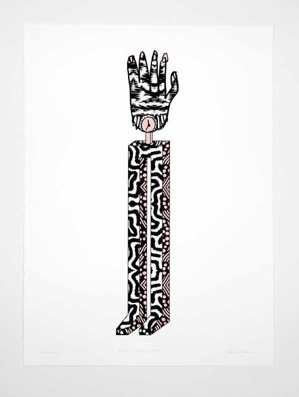 Illustration of a two-legged podium patterned in a black and white maze with a right hand protruding from the top