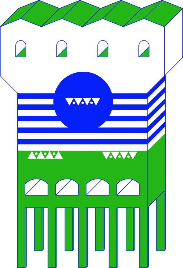 Illustration of green and blue tower