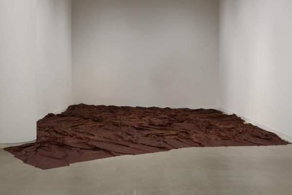 The floor of a room is covered by a brown-red fabric with many folds in it.