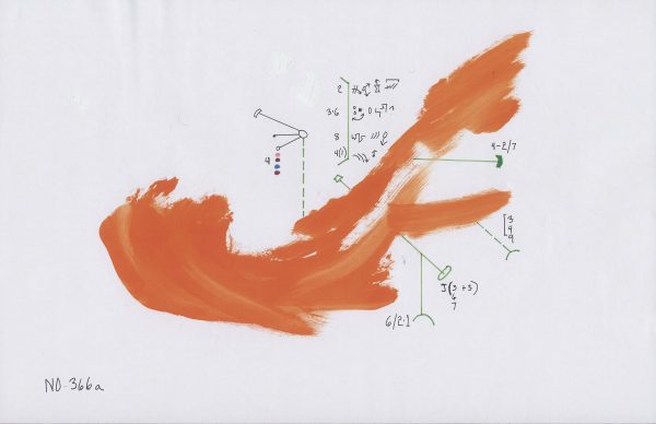 A swooping smear of orange paint overlaps a seeming diagram of green dash lines labeled with black numbers, equations, and geometric symbols