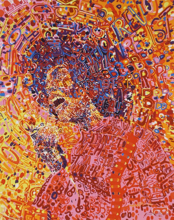 Vibrant letters and words in shades of yellow, red, orange, and purple create the impression of a singing person.