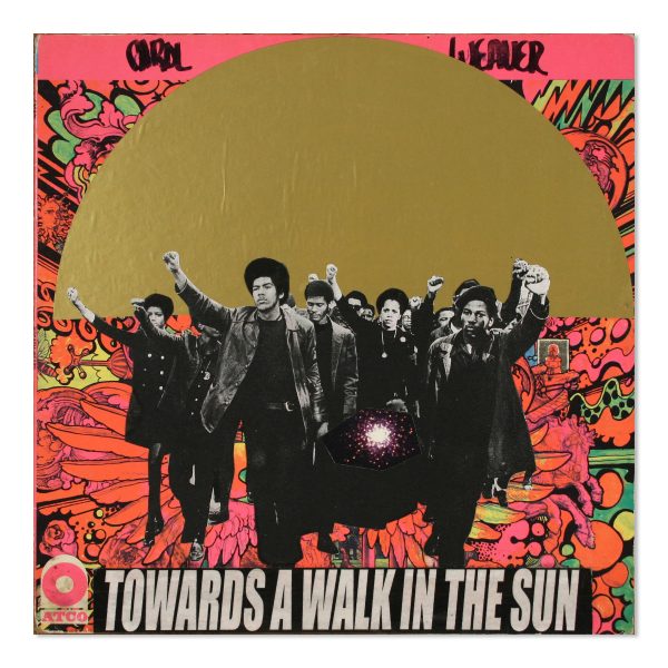 A collage with a vivid, patterned background depicts a black-and-white group of men and women marching with their fists in the air, a golden semicircle that resembles the setting sun, and a text at the bottom that reads 