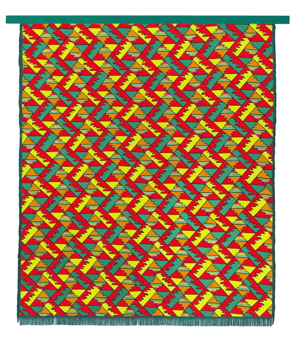 A painting of a geometric pattern features interlocking neon shapes in red, orange, blue, yellow, and teal.