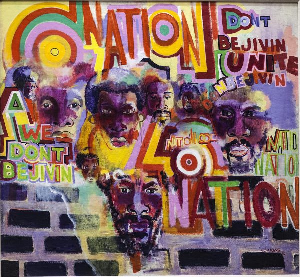A vivid painting of a brick wall that is mostly obscured by mural-like overlapping text, designs, and faces.