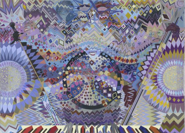 A colorful image composed of geometric shapes and patterns reveals a camouflaged trio of musicians. One sings, one plays piano, and the third strums a string bass.