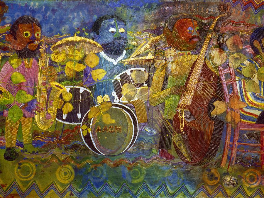 In this multicolored painting, a quintet plays two saxophones, a drum kit, a string bass, and a piano on a two-dimensional background with repeating zigzags and circular targets.