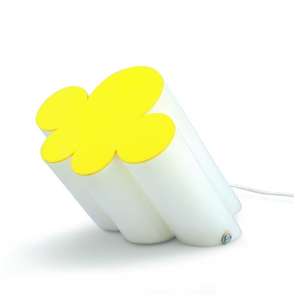 A white lamp with a yellow top in the shape of a cloud