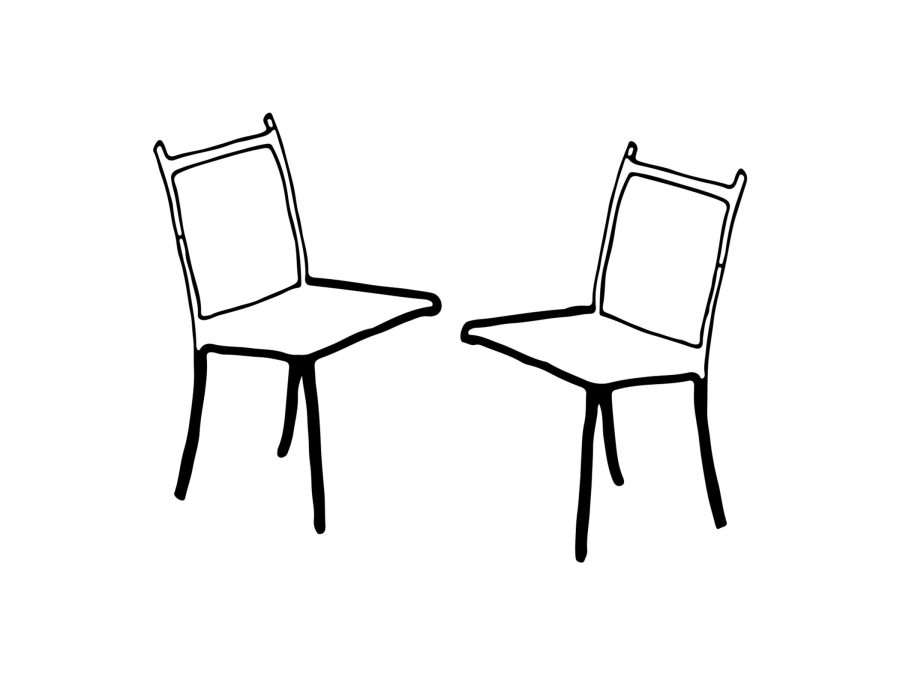 A digital sketch shows two three-legged chairs facing one another.