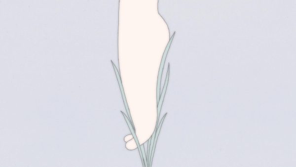 A slim foot points downward into a single patch of grass. The toes extend slightly up, and the background is a flat, light purple color.