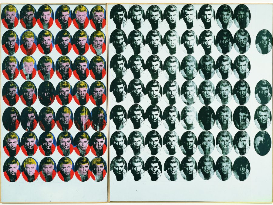 A oval-shaped portrait of a man is repeated in seven rows. The legibility and quality of the portrait varies, and on the left of the painting it appears in bright pink, red, yellow, and blue; on the right in black and white.