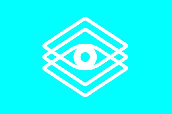 On top of a bright turquoise background, three white diamond shapes are staggered vertically like a Venn Diagram, forming eye at the center.