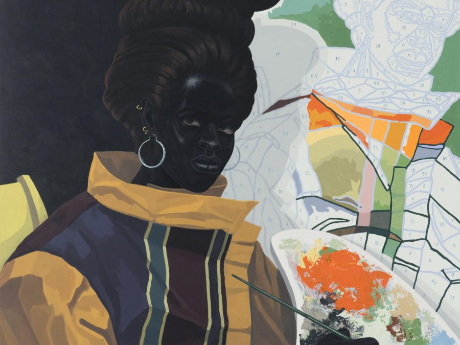 In this painting, a woman painter holds a paint palette in front of a paint-by-numbers portrait. Her skin is as black as the as the solid black background; she stares confidently into our eyes.