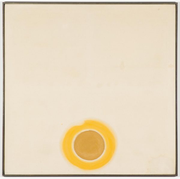 Four concentric circles painted on a square canvas with a dark wood frame