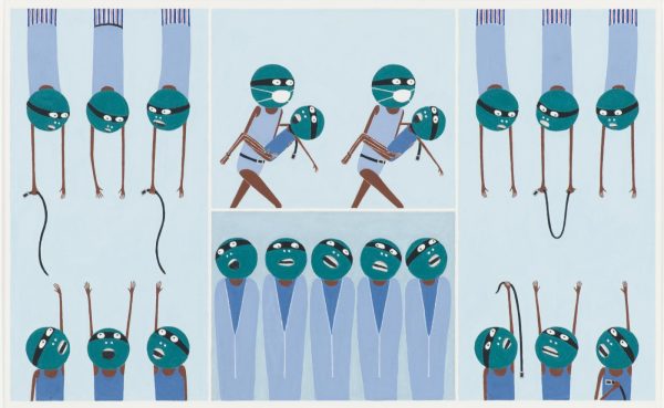 A set of four scenes features 21 green-headed, masked figures with skinny brown limbs. They engage in sinister acts with belts.