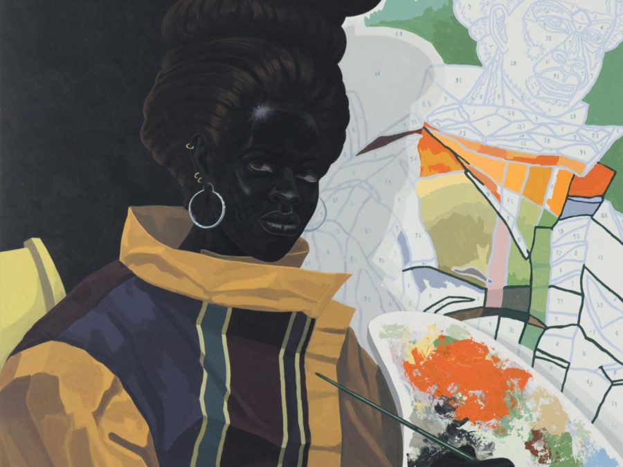 In this painting, a woman painter holds a paint palette in front of a paint-by-numbers portrait. Her skin is as black as the as the solid black background; she stares confidently into our eyes.