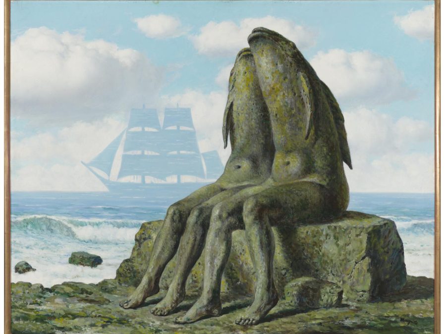 Two mossy stone figures with human legs and fish torsos sit leaning against each other on a mossy stone by the seashore. On the horizon the shape of a double-masted sailing vessel made out of water rises out of the sea and cuts into the blue, cloud-filled sky.