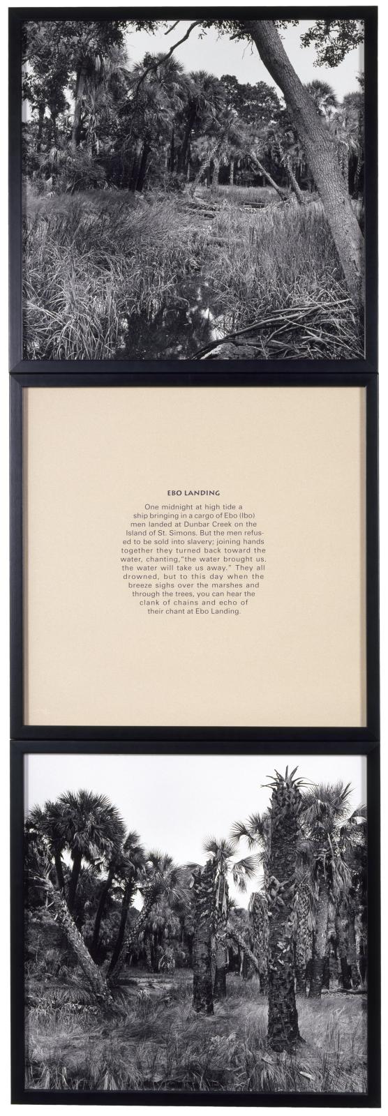 One square photograph of a swamp-like environment is shown above a second square with a paragraph of text titled “Ebo Landing” and a third square with another photograph of a swamp-like environment, all aligned vertically.