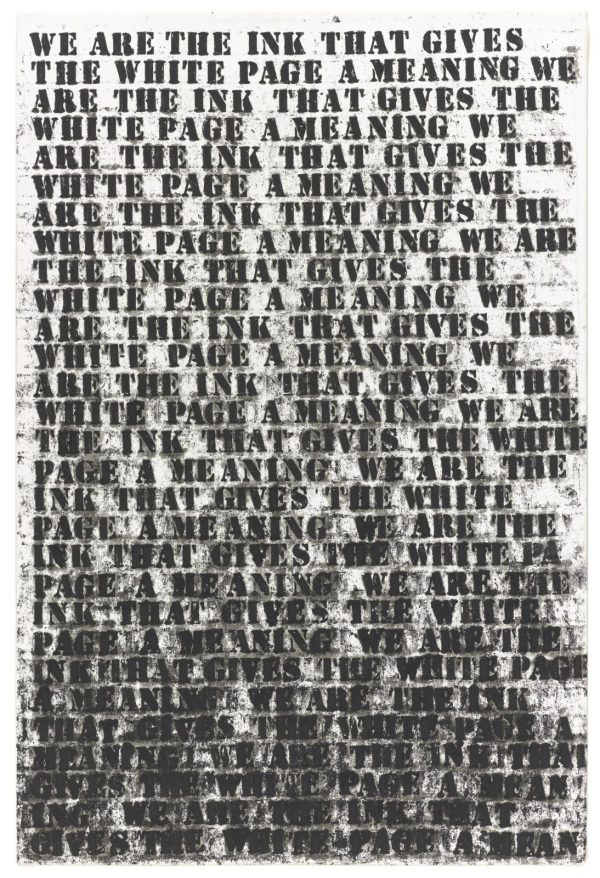 Black stenciled text that reads 