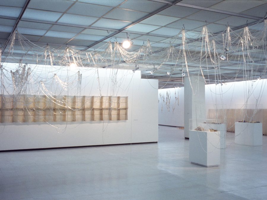 Installation of artworks on the walls and ceiling of a white gallery space