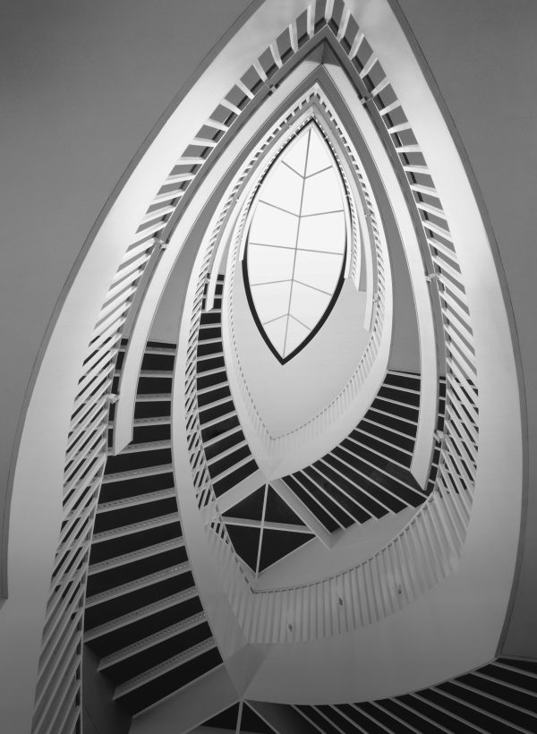 View of the MCA's ovular spiral staircase, from the first floor looking up