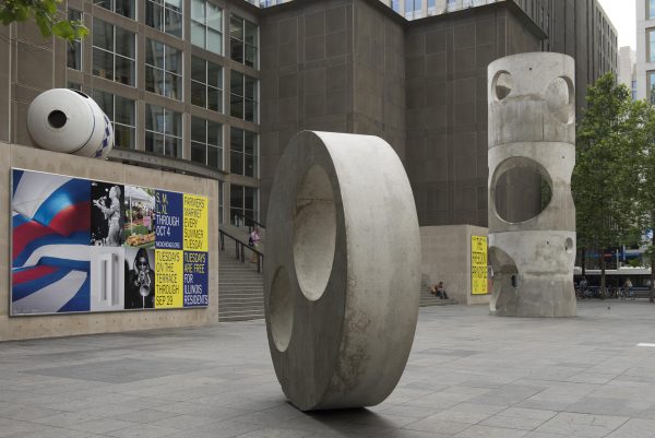 Two large concrete sculptures and on the MCA Plaza