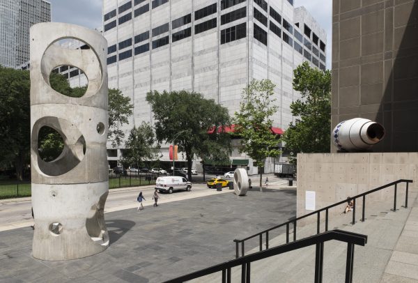 The MCA Plaza with concrete sculptures on a sunny day