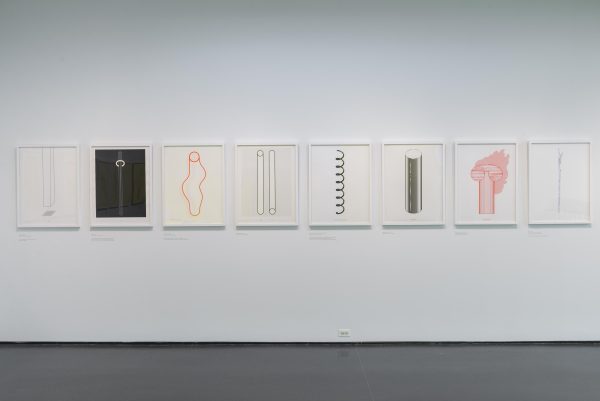 A row of framed illustrations of various inanimate objects and shapes