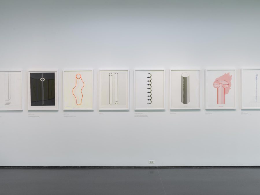 A row of framed illustrations of various inanimate objects and shapes