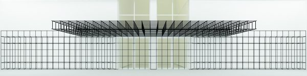 Computer-generated model of a grid-based architectural installation for the MCA Cafe