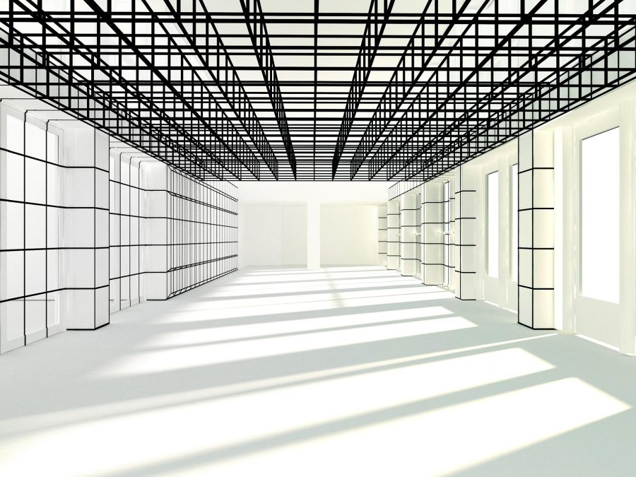 Digital model of a grid-based architectural installation in the MCA Cafe