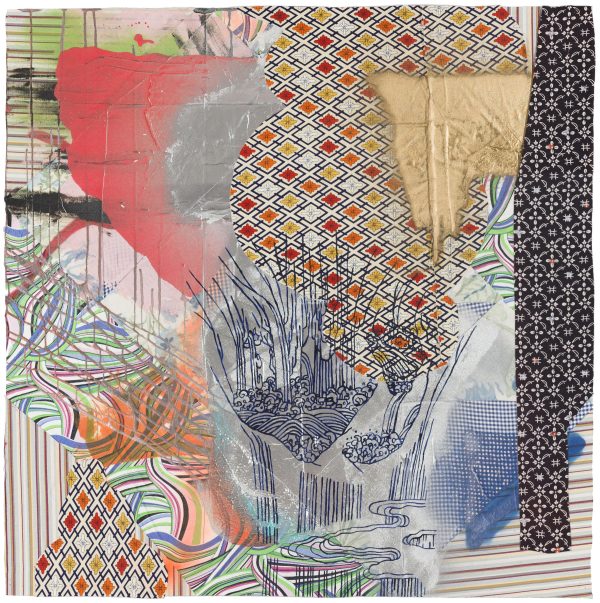 A multimedia collage of patterns, line drawings, a broad patches of color