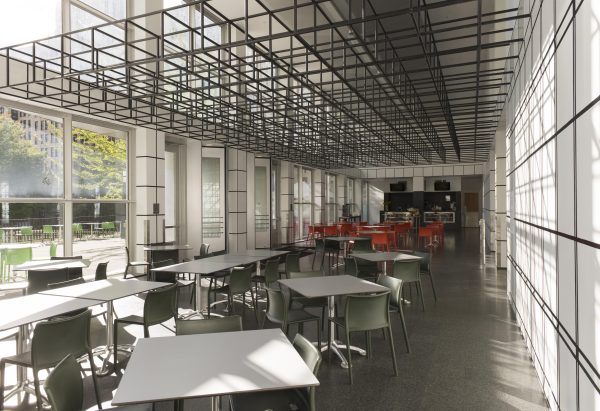The MCA Cafe with chairs, tables, and a ceiling plane made of open-sided cubes that transitions into grids of illusionistic cubes on the walls