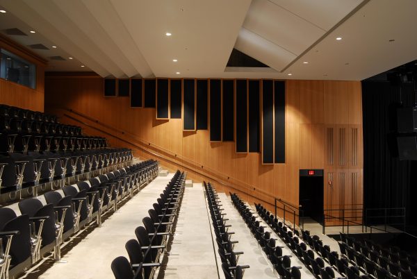 View across the aisles of an empty theater