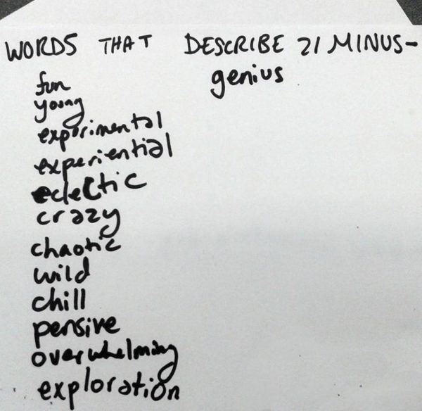 A handwritten list of adjectives in thick black marker on white paper under the header 
