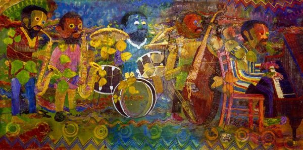 In this multicolored painting, a quintet plays two saxophones, a drum kit, a string bass, and a piano on a two-dimensional background with repeating zigzags and circular targets.