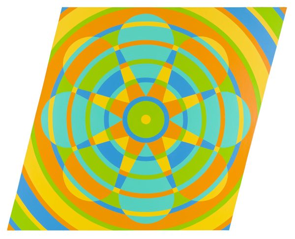 Rings of color in blue, green, yellow, orange, and teal highlight a flower pattern in the middle