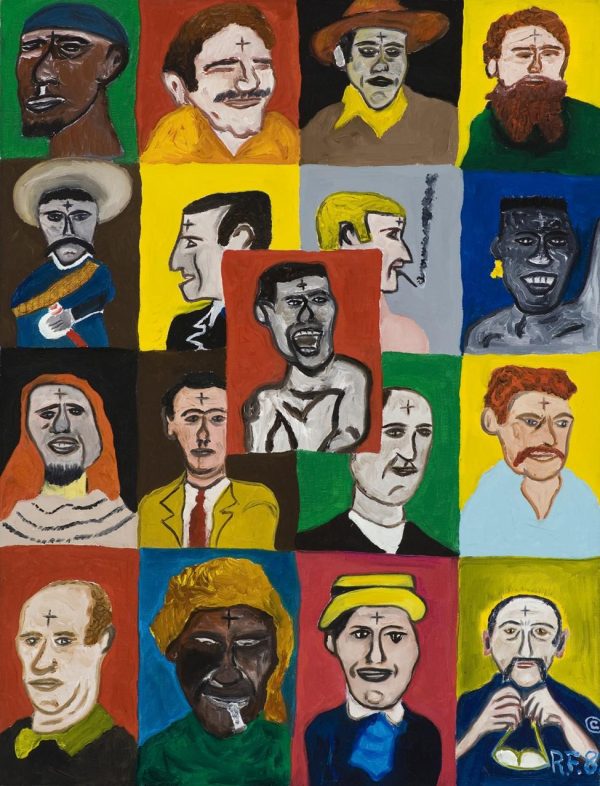 Colorfully painted four-by-four grid of men's portraits, each with a small cross on the forehead