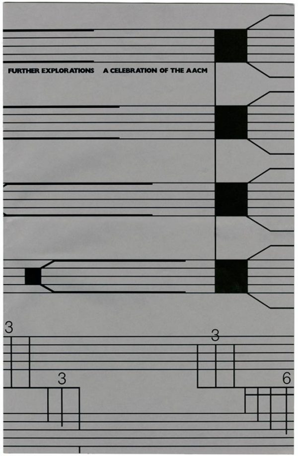 Program cover for Further Explorations, a celebration of the AACM featuring mostly blank sheet music