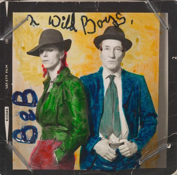 Black and white portrait of David Bowie and William Burroughs with the background and their clothes drawn in bright colors.