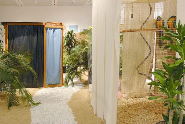 A path in the sand leads past a cage with two parrots in it toward a doorway with blue fabric blocking it and plants dotted throughout