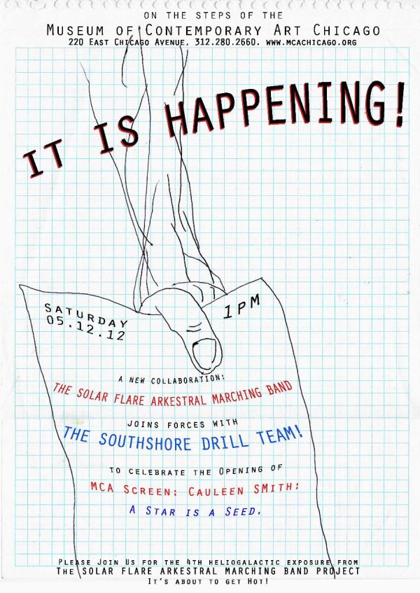 Promotional poster for The South Side Drill Team at the MCA featuring a line drawing of a hand holding a piece of paper with the details on it in black, red, and blue ink.