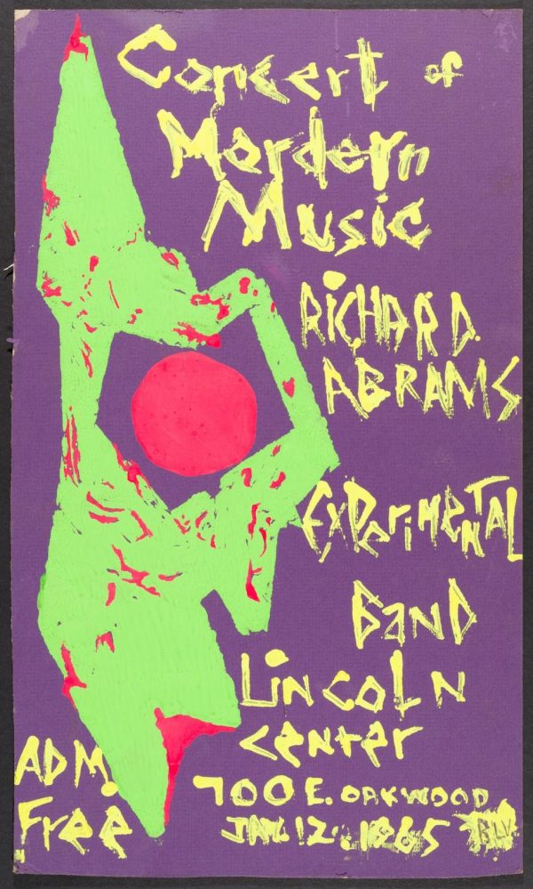 A purple poster with a lime green and red abstract illustration and yellow painted text advertising a concert by Richard Abrams's experimental band at the Lincoln center.