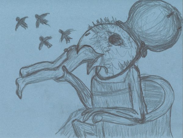 Pencil drawing on blue paper of a hybrid creature with a bird head and human body ingesting a nude human as four birds fly above them