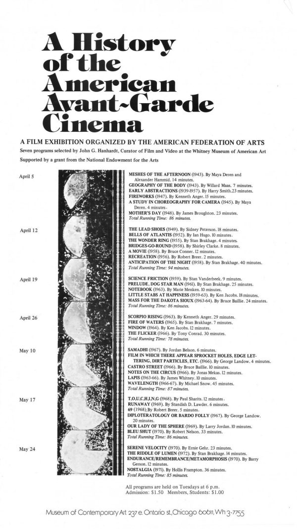 Schedule for A History of the American Avant-Garde Cinema series