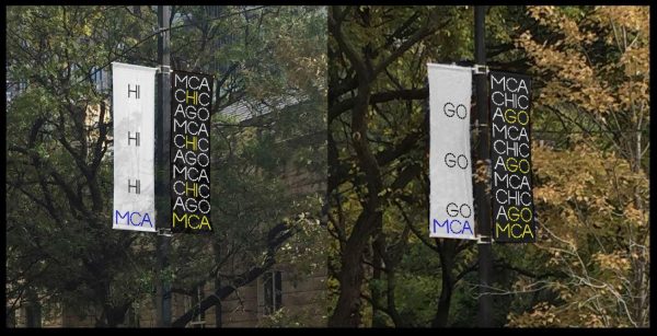Two photos side by side of street banners displaying the MCA Chicago logo on one side against a black background. The partner banner has a repetitive Hi on white in the left photo; the right photo has a repeating Go on a white background.